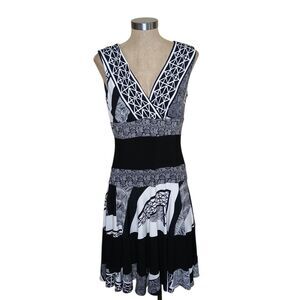 Joseph Ribkoff Dress Sz 10 Black White Geometric Stretch Knit Hem Full Skirt Vtg